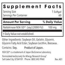 Load image into Gallery viewer, Nattokinase NSK-SD® | Circulatory System Support | 2000 FU | 100mg - 60 & 180 Softgels Oral Supplements Allergy Research Group