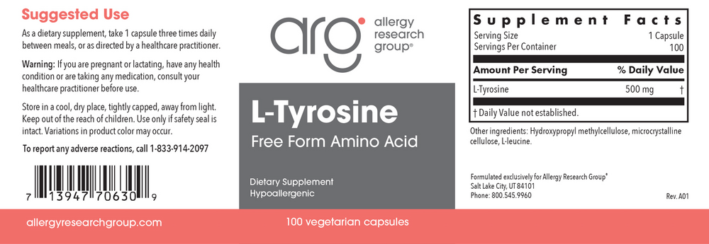 L-Tyrosine | Free Form Amino Acid | 500mg | 100 Capsules