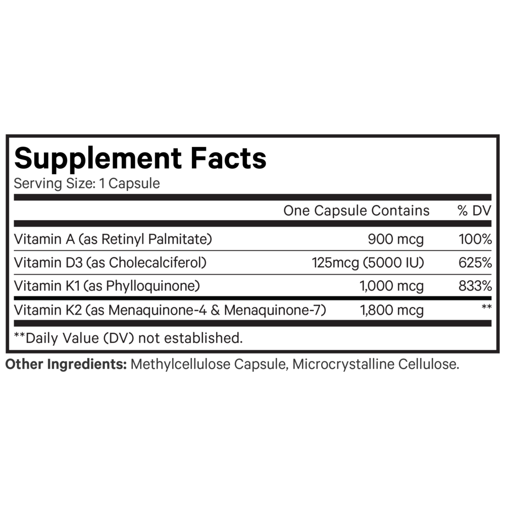 A-D-K Vitamins | Vitamin D3 and K2 plus A - 180 veggie caps Oral Supplement Codeage 