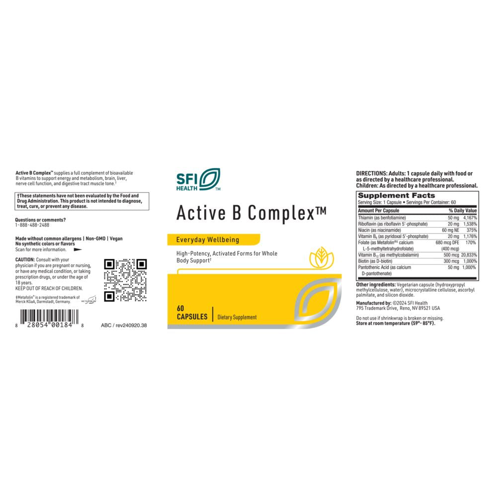 Active B Complex | High Potency, Activated Forms - 60 Capsules Oral Supplements SFI Health (Klaire Labs) 
