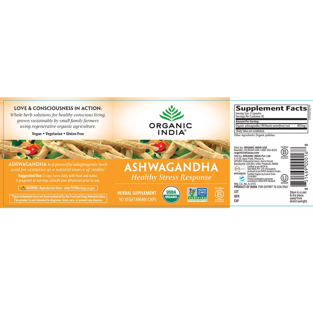 Ashwagandha | Healthy Stress Response - 90 Capsules Oral Supplements Organic India 