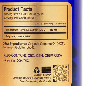 CBD Capsules | Full Spectrum | 25mg - 30 Softgels Oral Supplements Organic Body Essentials (OBE) 