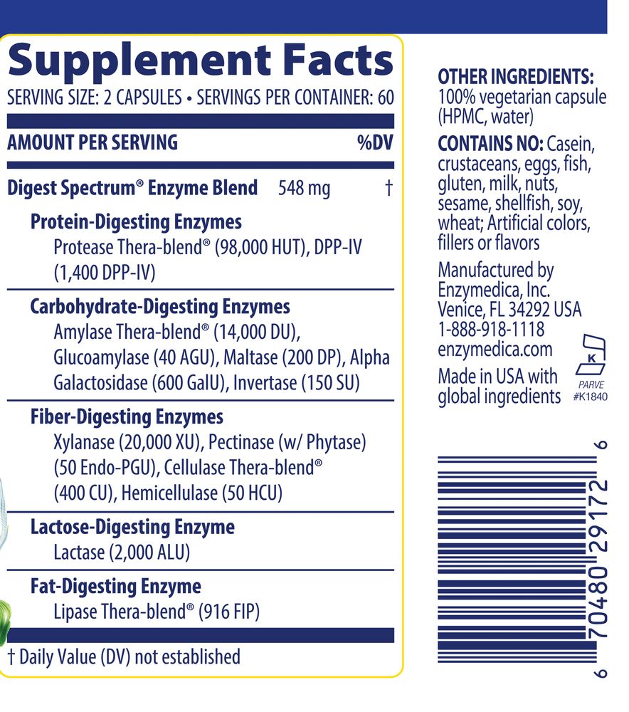 Digest Spectrum | For Multiple Food Intolerances - 30, 90 & 120 Capsules Oral Supplements Enzymedica 