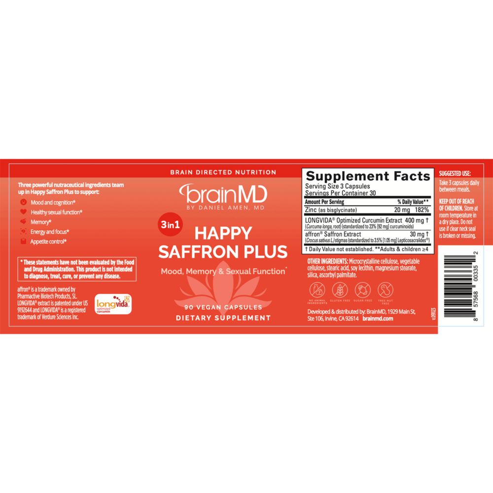 Happy Saffron Plus | Mood, Memory & Sexual Function - 90 Capsules Oral Supplements BrainMD 