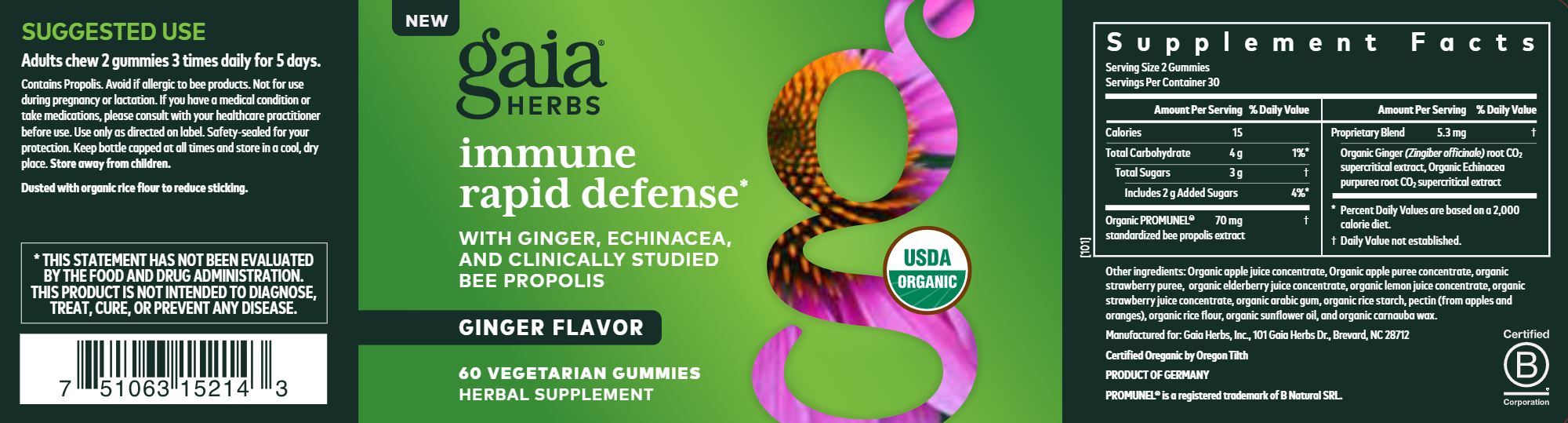 Immune Rapid Defense | Ginger, Echinacea & Bee Propolis - 60 Gummies Oral Supplements Gaia Herbs 