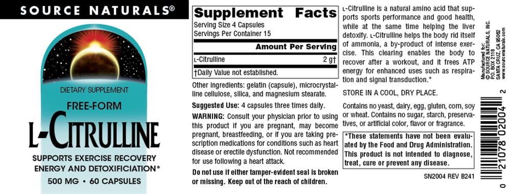 L-Citrulline | Supports Exercise Recovery, Energy & Detoxification | 500mg - 60 Capsules Oral Supplements Source Naturals 