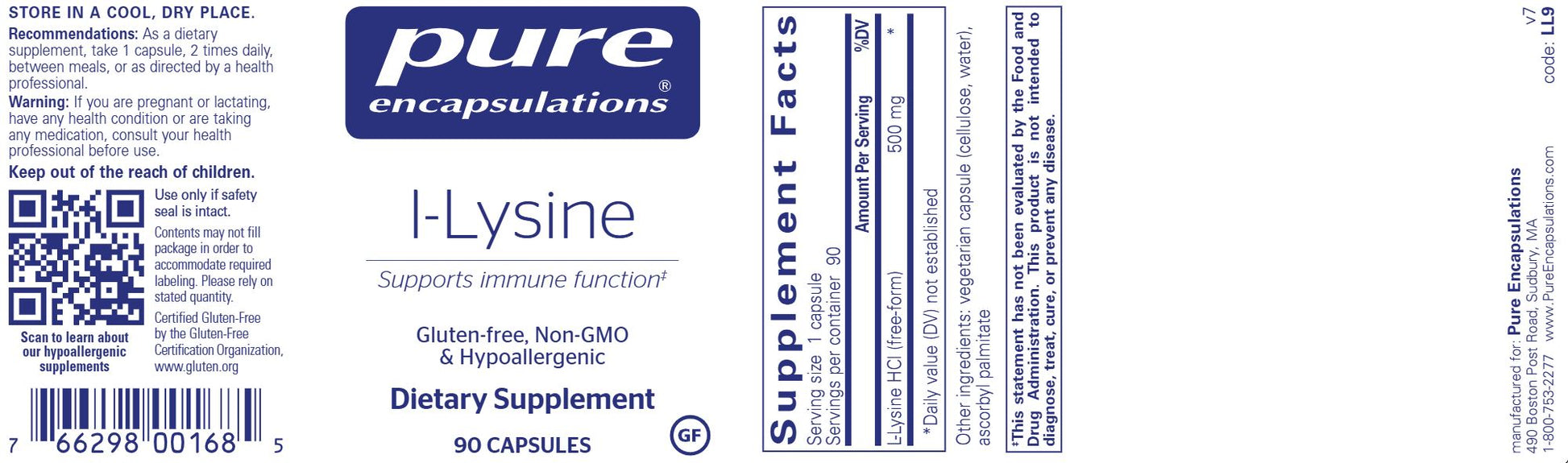 l-Lysine | Healthy Immune Function Support | 500mg - 90 Capsules Oral Supplements Pure Encapsulations 
