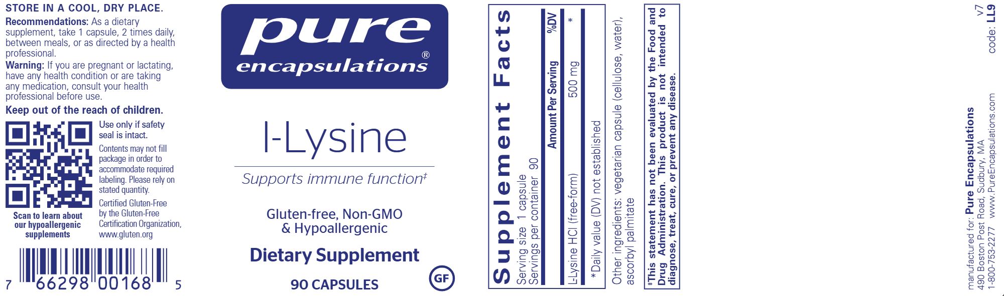 l-Lysine | Healthy Immune Function Support | 500mg - 90 Capsules Oral Supplements Pure Encapsulations 