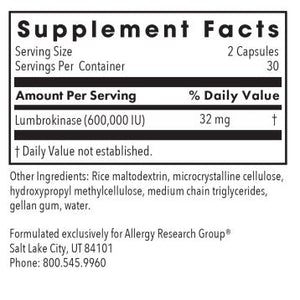 Lumbrokinase | Circulatory System Support - 30 & 60 Delayed-Release Capsules Oral Supplements Allergy Research Group 