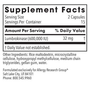 Lumbrokinase | Circulatory System Support - 30 & 60 Delayed-Release Capsules Oral Supplements Allergy Research Group 