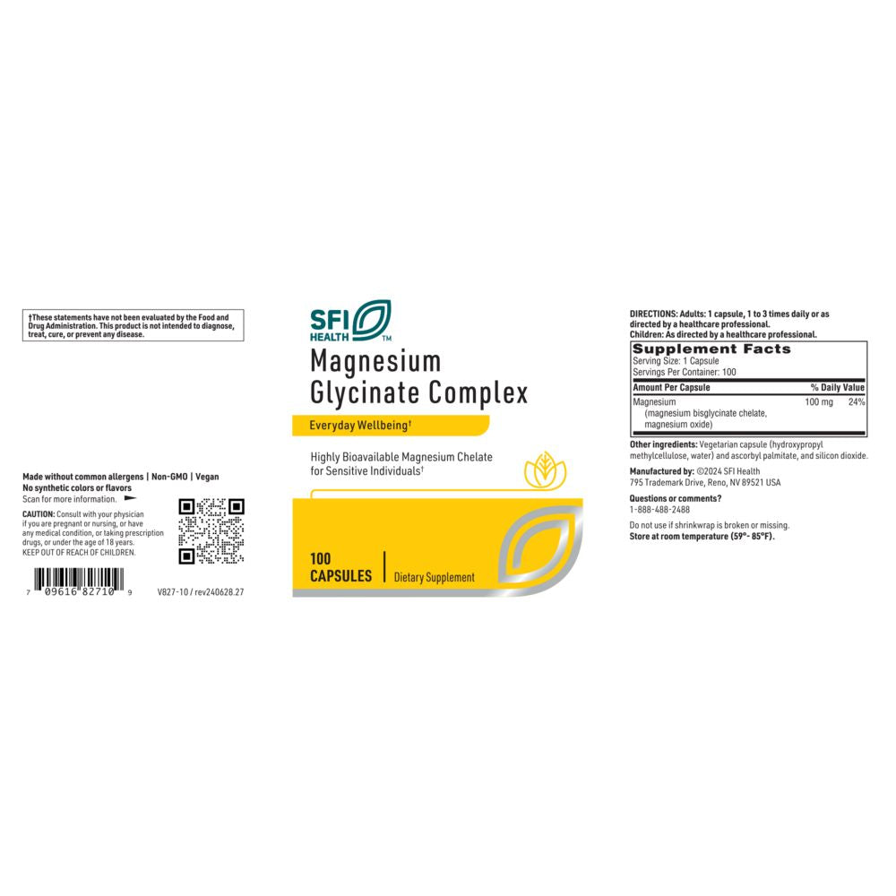Magnesium Glycinate Complex | Magnesium Chelate for Sensitive Individuals - 100 Capsules Oral Supplements SFI Health (Klaire Labs) 