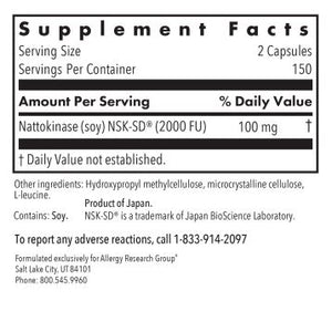 Nattokinase NSK-SD® | Circulatory System Support | 1000 FU | 50mg - 90 & 300 Capsules Oral Supplements Allergy Research Group 