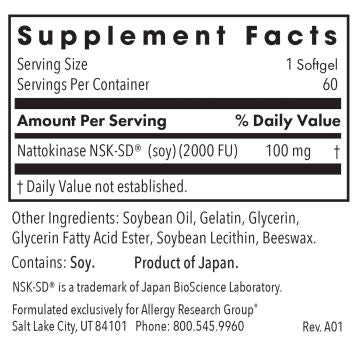 Nattokinase NSK-SD® | Circulatory System Support | 2000 FU | 100mg - 60 & 180 Softgels Oral Supplements Allergy Research Group 