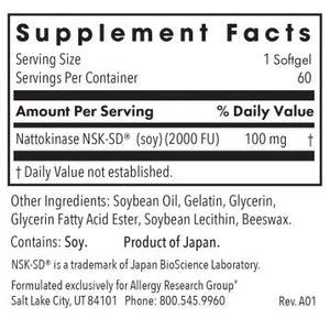 Nattokinase NSK-SD® | Circulatory System Support | 2000 FU | 100mg - 60 & 180 Softgels Oral Supplements Allergy Research Group 