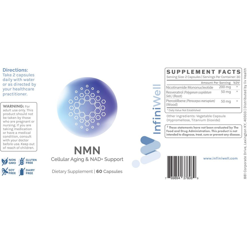 NMN | Cellular Aging & NAD+ Support | NMN, Resveratrol & Pterostilbene - 60 Capsules Oral Supplements InfiniWell 