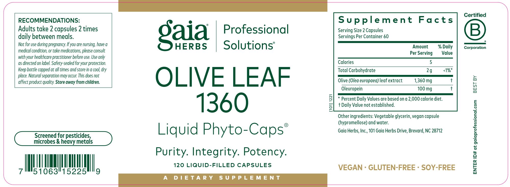 Olive Leaf | 1360mg | Supports Healthy Immune Response - 120 Capsules Oral Supplements Gaia Herbs 