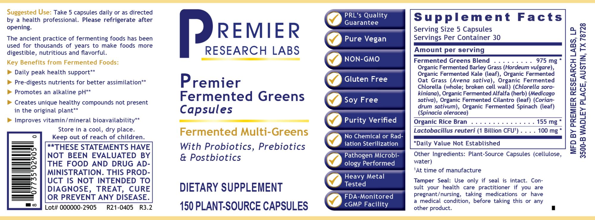 Organic Fermented Greens Premier | Superfood - 150 Capsules Oral Supplements PRL 