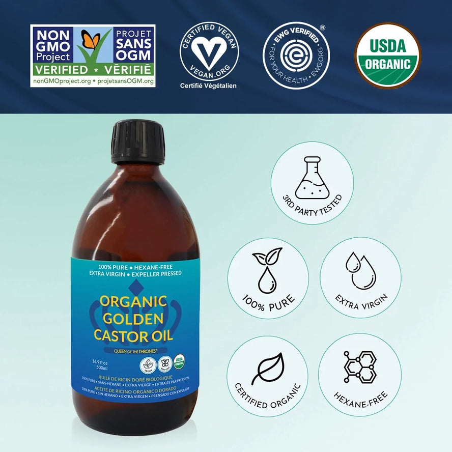 Organic Golden Castor Oil | 100% Pure, Hexane-Free, Extra Virgin - 16.9 oz Topical Application Queen of the Thrones 