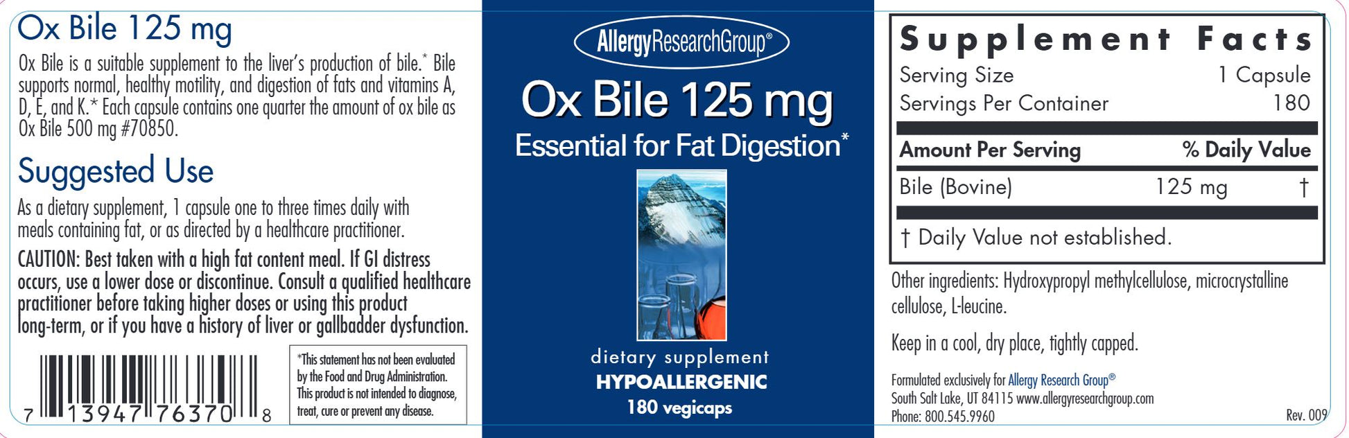 Ox Bile | Essential for Fat Digestion | 125 mg - 180 Capsules Oral Supplements Allergy Research Group 