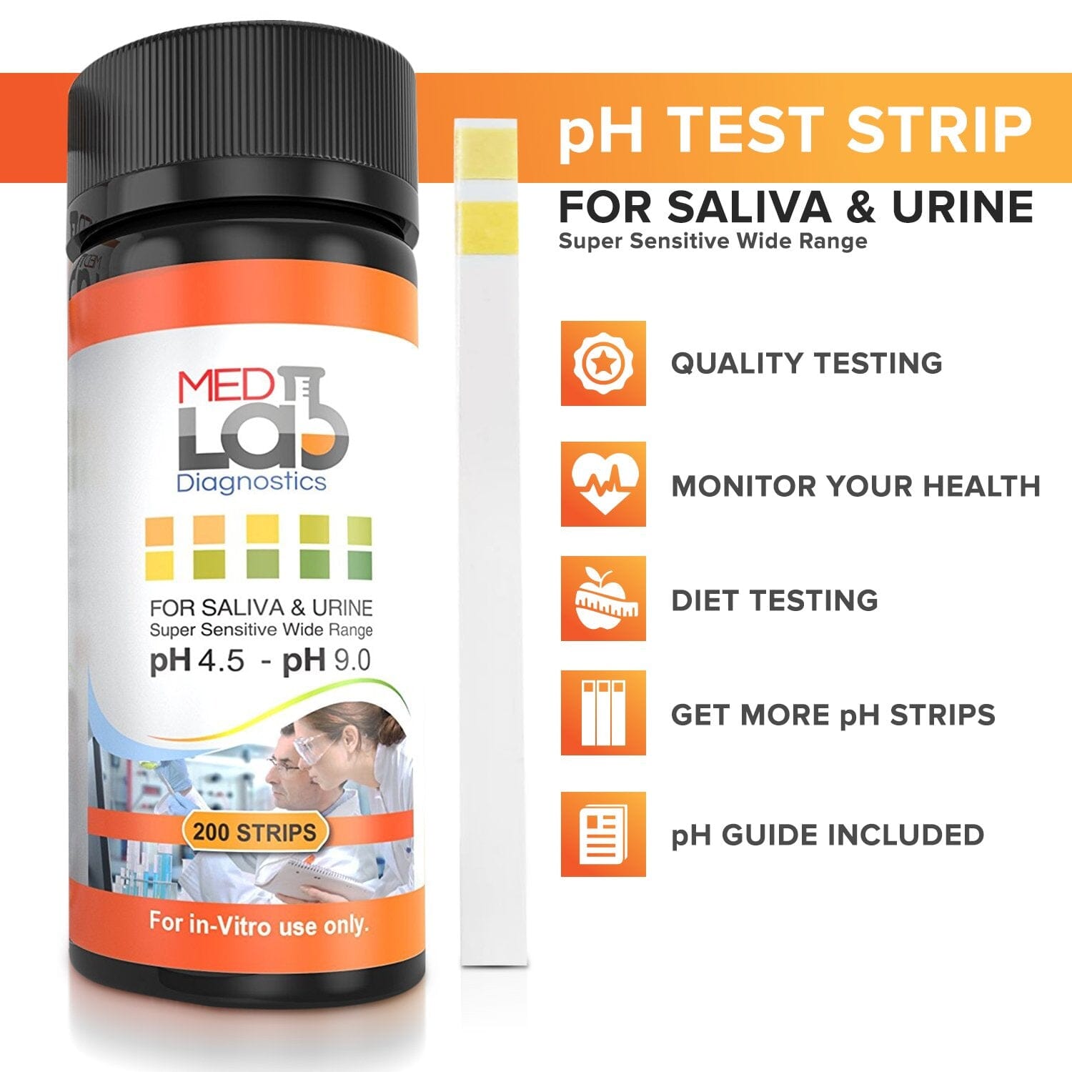 pH Test Strips for Urine and Saliva | pH 4.5 to 9.0 | For Body pH Testing - 200 Strips Tests Med Lab Diagnostics 