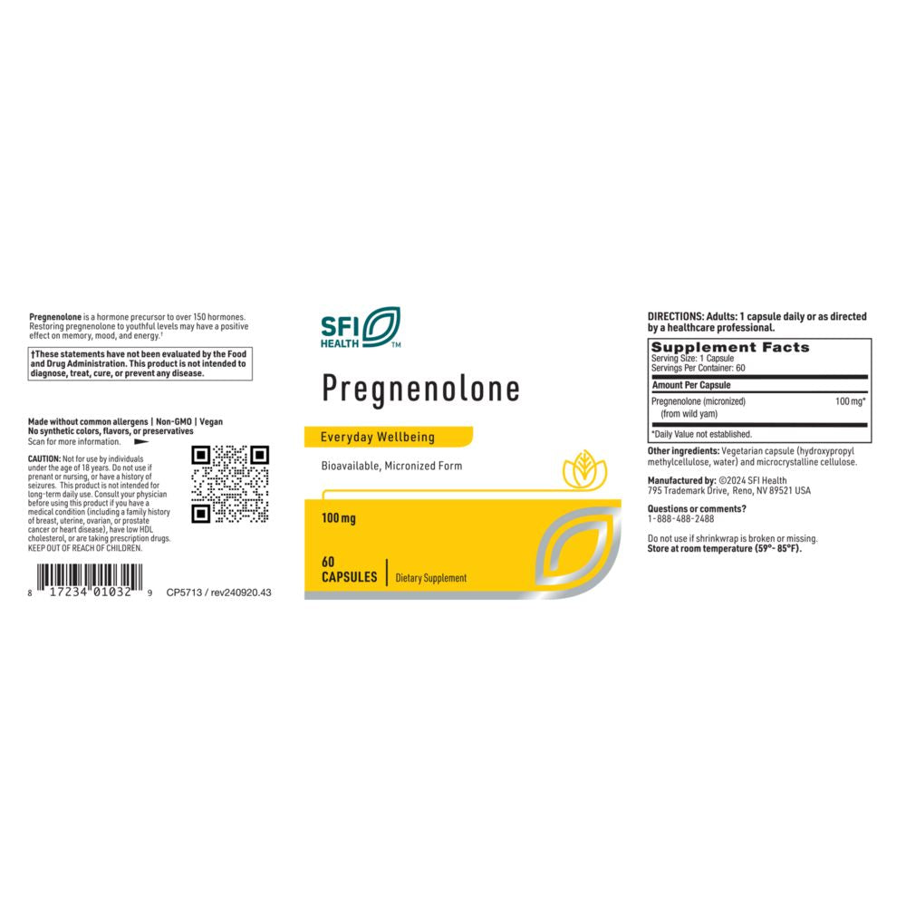 Pregnenolone | Bioavailable, Micronized Form | 100mg - 60 Capsules Oral Supplements SFI Health (Klaire Labs) 