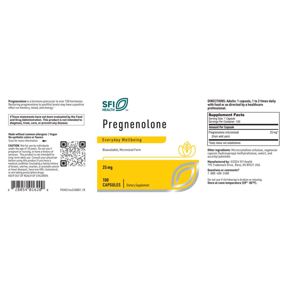 Pregnenolone | Bioavailable, Micronized Form | 25mg - 100 Capsules Oral Supplements SFI Health (Klaire Labs) 