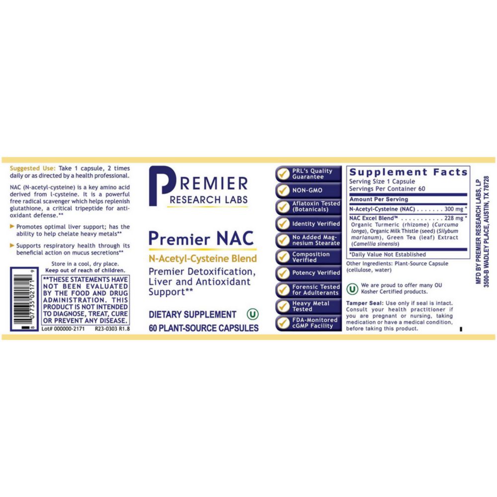 Premier NAC | Detoxification, Liver & Antioxidant Support - 60 Capsules Oral Supplements PRL 