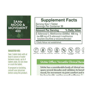 SAMe (SAM-e) | Mood & Movement | 400mg - 30 Enteric Coated Tablets Oral Supplements BrainMD 