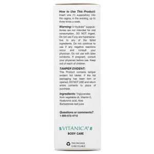 V-Hydrate | Soothing Vaginal Suppositories | Hyaluronic Acid, Aloe Vera & Vitamin E - 24 Suppositories Oral Supplements Vitanica 