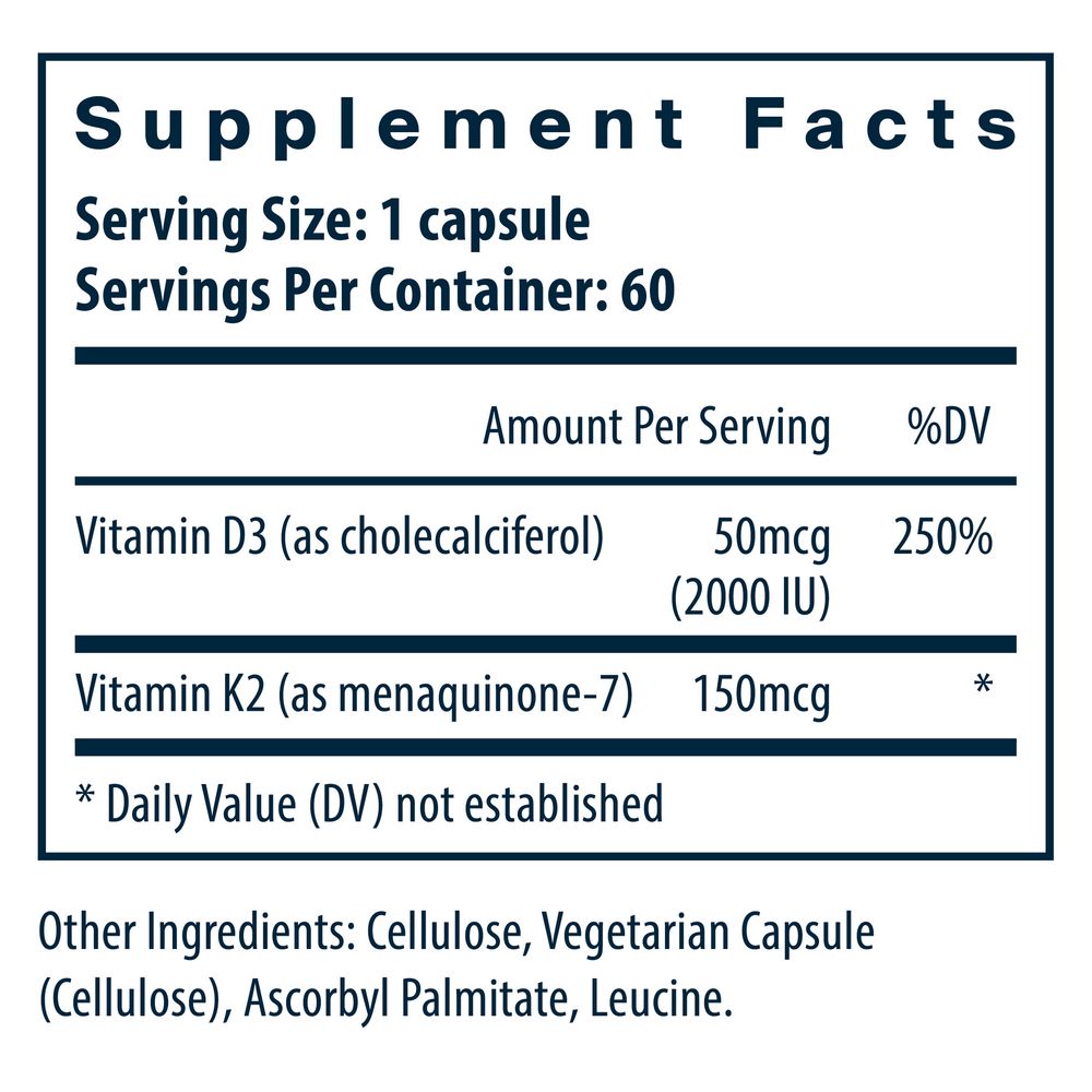 Vitamin D3 + K2 | 2000 IU of D3 and 150mcg of MK-7 - 60 & 120 Capsules Oral Supplements Vital Nutrients 