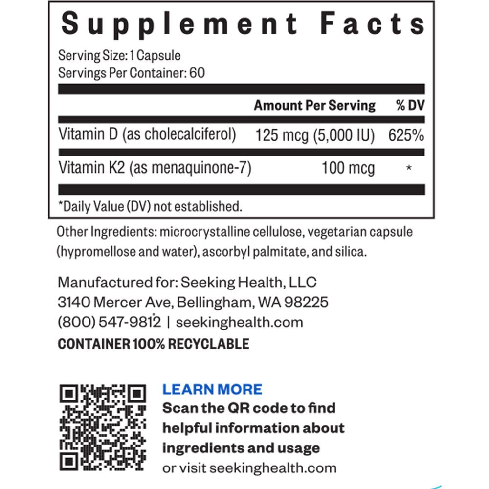 Vitamin D3 + K2 | 5000 IU of D3 and 100mcg of MK-7 - 60 Capsules Oral Supplements Seeking Health 