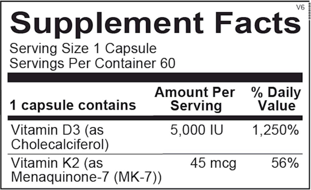 Vitamin D3 + K2 | 5000 IU of D3 and 45mcg of MK-7 - 60 Capsules Oral Supplements Ortho Molecular Products 