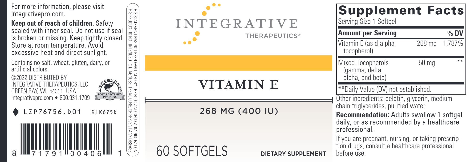 Vitamin E | 400 IU - 60 Softgels Oral Supplements Integrative Therapeutics 