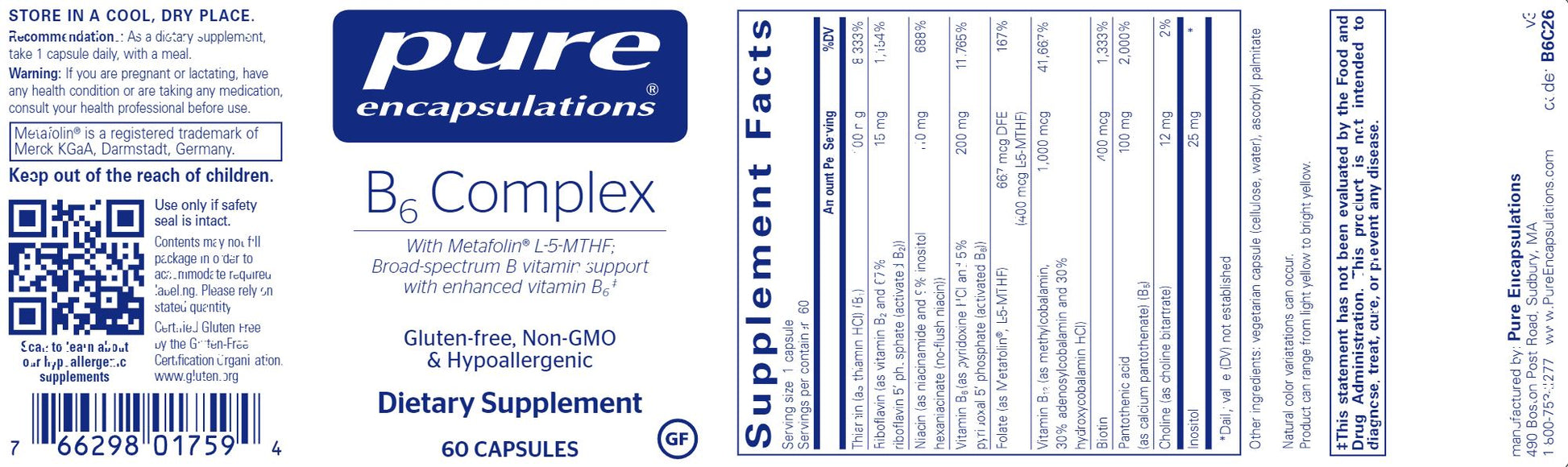 B6 Complex | With Metafolin® L-5-MTHF - 60 Capsules Oral Supplements Pure Encapsulations 