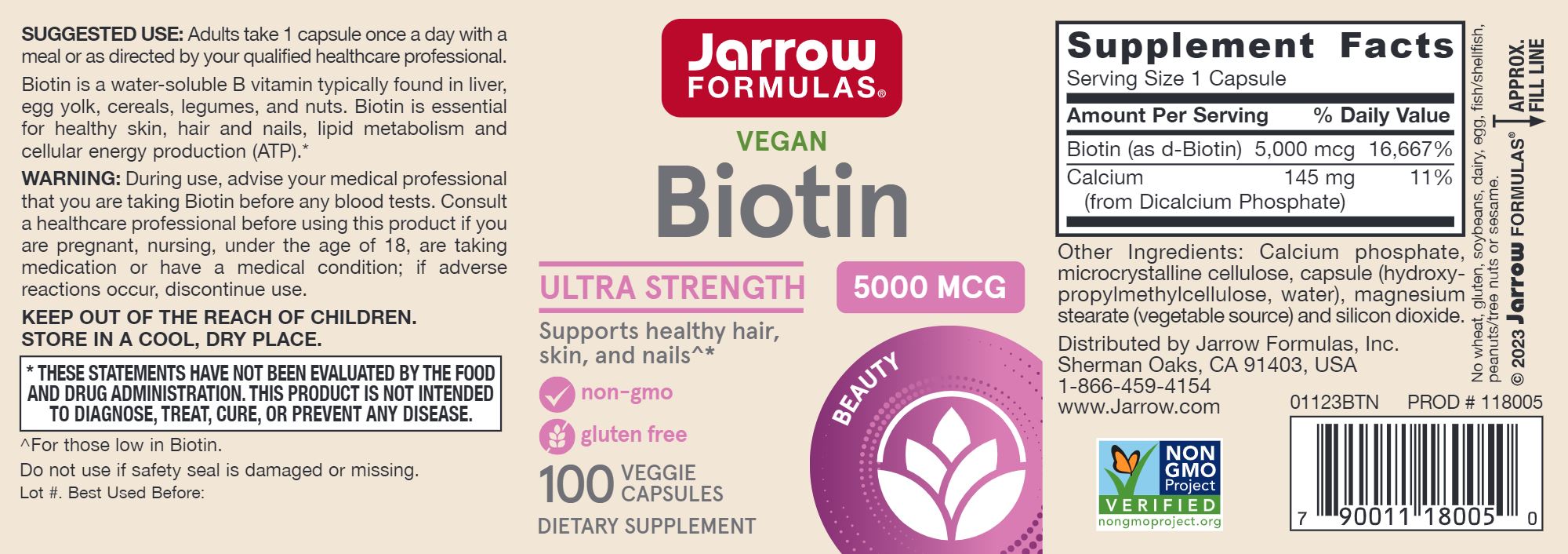 Biotin | Supports Healthy Hair, Skin and Nails | 5 mg - 100 Capsules Oral Supplements Jarrow Formulas 