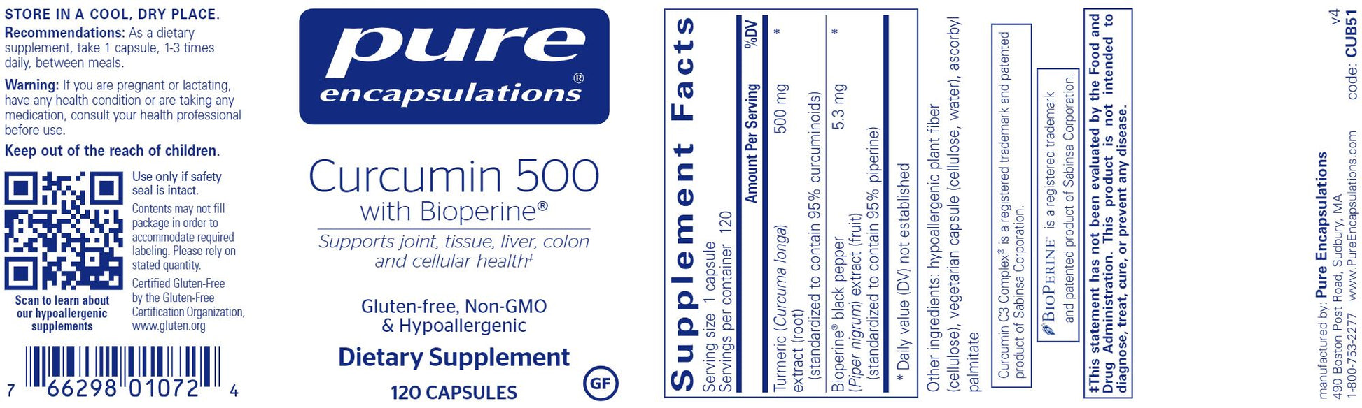 Curcumin 500 with Bioperine® | 500 mg - 120 Capsules Oral Supplements Pure Encapsulations 