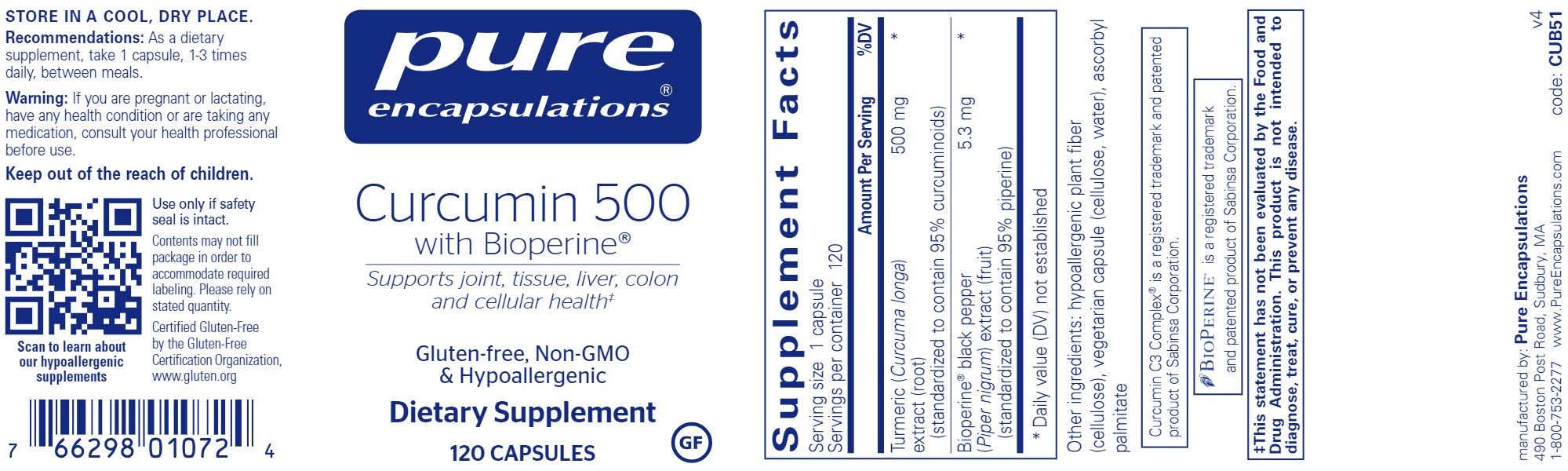 Curcumin 500 with Bioperine® | 500 mg - 120 Capsules Oral Supplements Pure Encapsulations 
