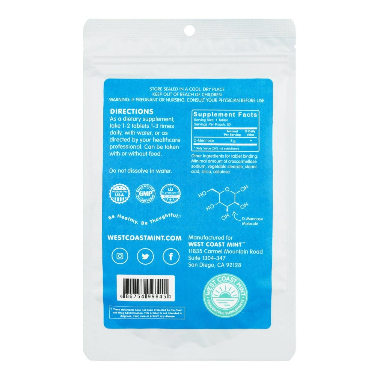 D-Mannose Tablets | Made in the USA - 30 & 60 tablets Oral Supplement West Coast Mint 