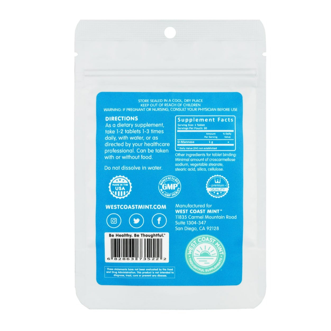 D-Mannose Tablets | Made in the USA - 30 & 60 tablets Oral Supplement West Coast Mint 