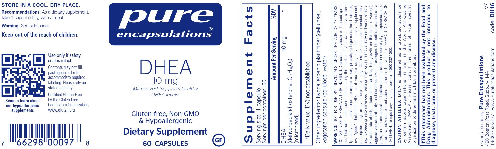 DHEA | 10 mg - 180 Capsules Oral Supplement Pure Encapsulations 
