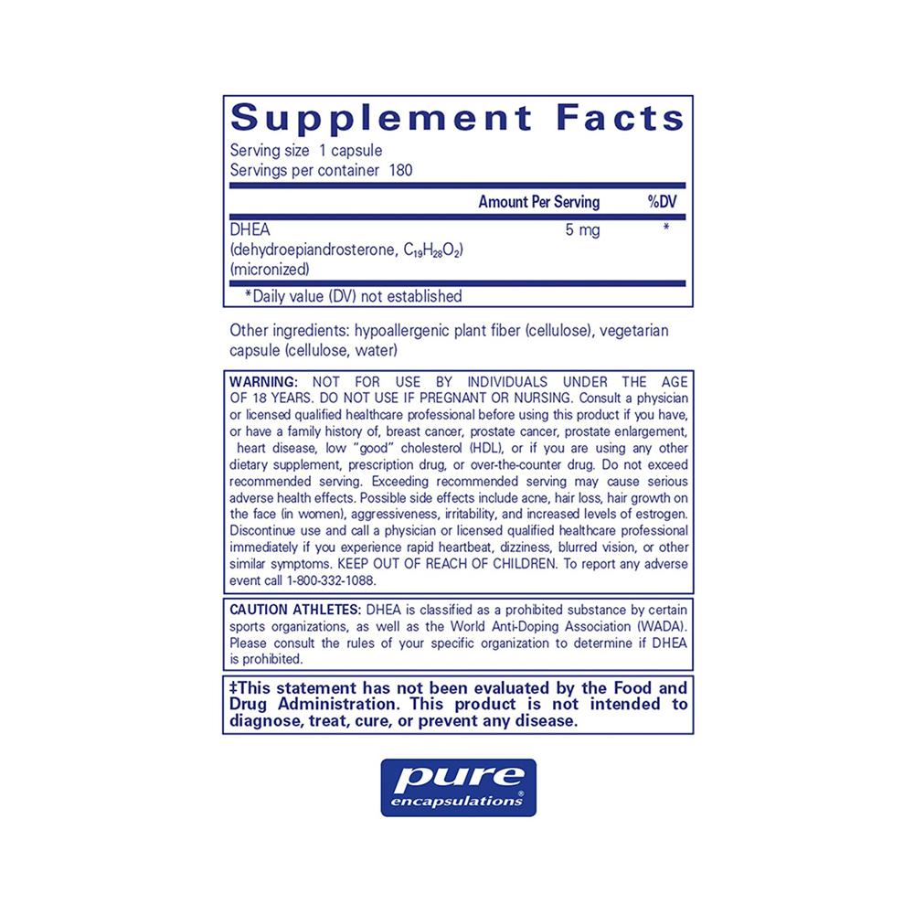 DHEA | Hypoallergenic Micronized DHEA - 5mg. 180 capsules Oral Supplement Pure Encapsulations 