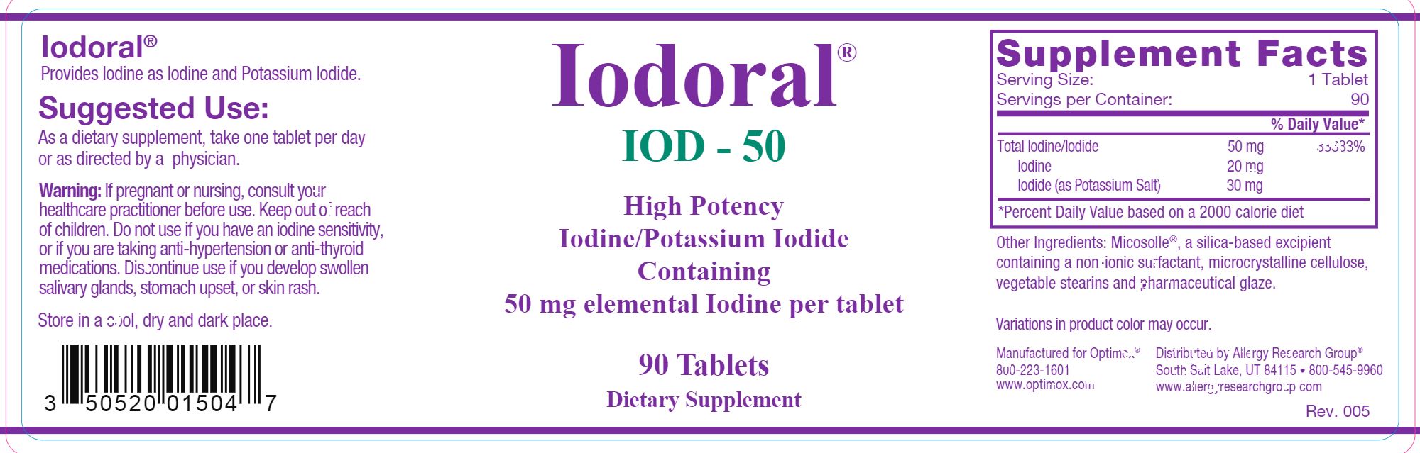 Iodoral® Iodine - Potassium Iodide | High Potency - 90 Tablets - 12.5 mg & 50 mg Oral Supplements Allergy Research Group 