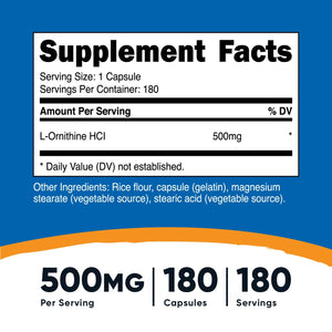L-Ornithine | L-alpha-Amino Acids - 500 mg - 180 Capsules Oral Supplements NutriCost 