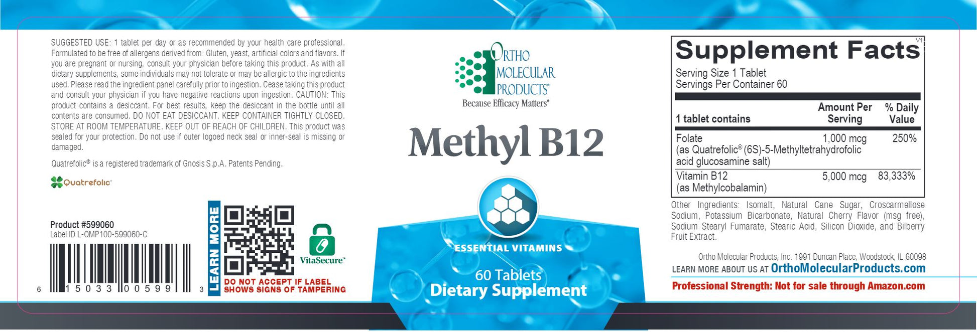 Methyl B12 | Bioavailable - 60 Tablets Oral Supplements Ortho Molecular Products 