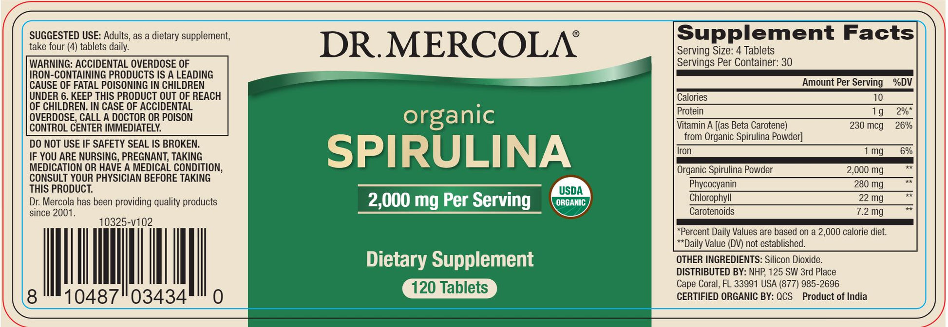 Organic Spirulina - 120 Tablets Oral Supplements Dr. Mercola 