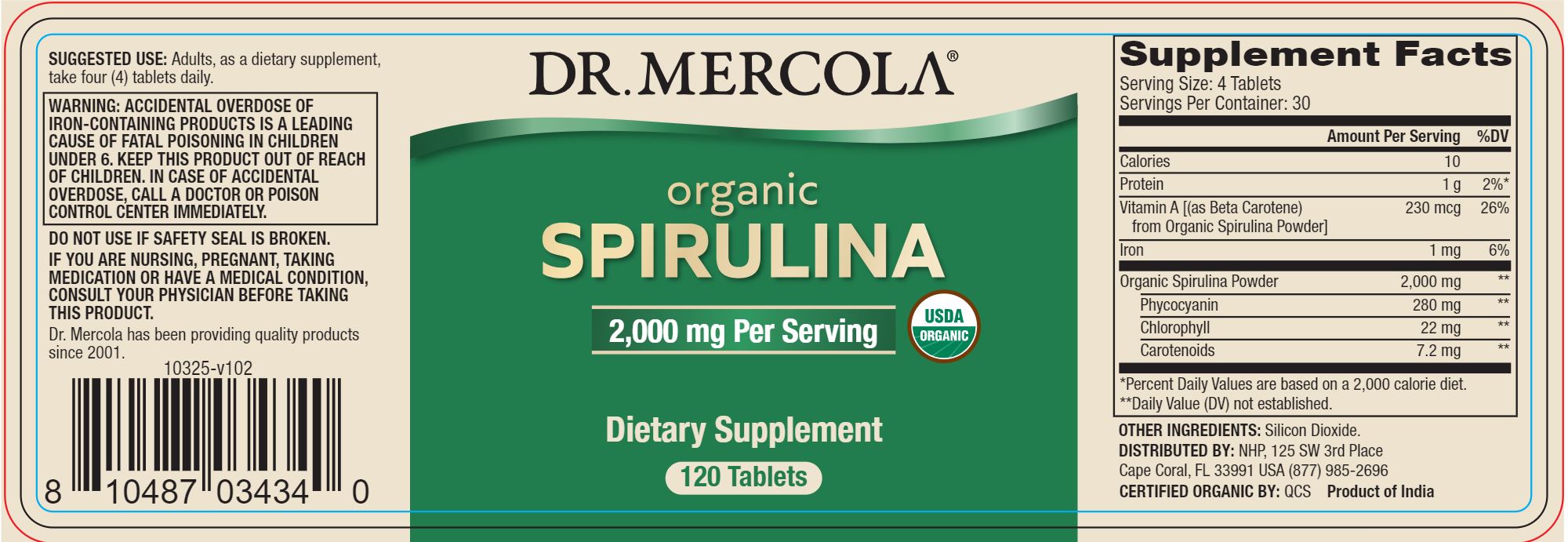 Organic Spirulina - 120 Tablets Oral Supplements Dr. Mercola 
