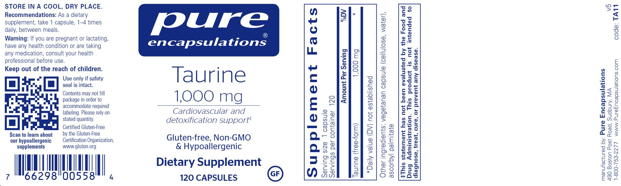 Taurine | Cardiovascular & Detoxification Support - 1,000 mg - 120 Capsules Oral Supplements Pure Encapsulations 