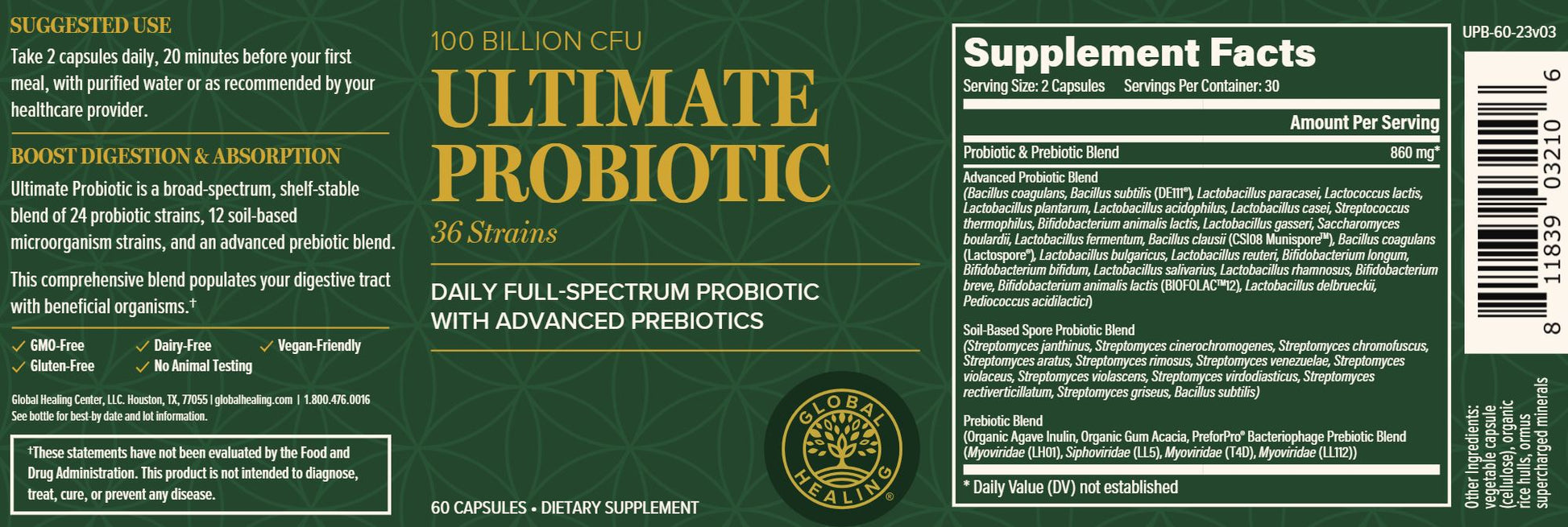 Ultimate Probiotic | 100 Billion CFUs - 60 capsules Oral Supplements Global Healing 
