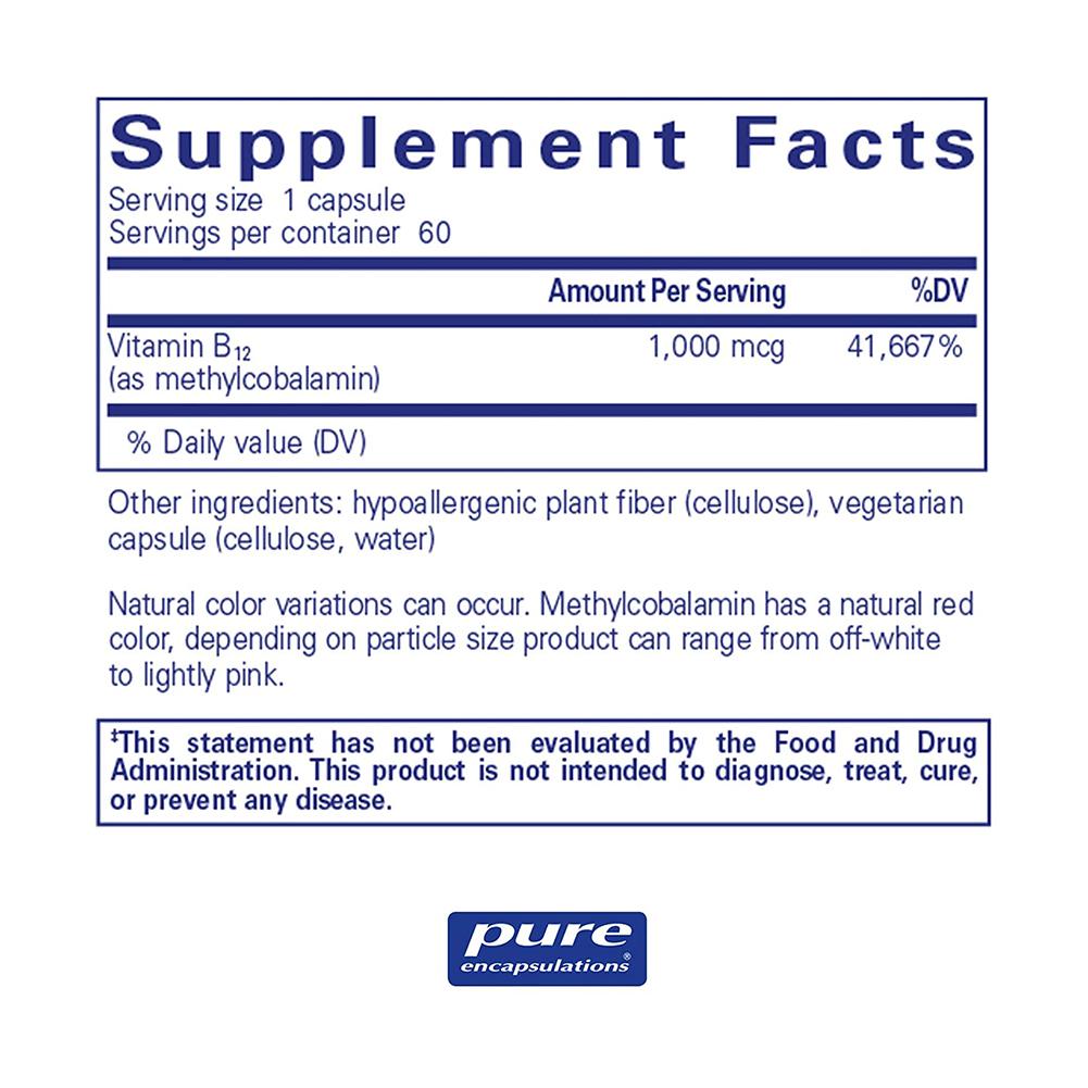 Vitamin B12 Methylcobalamin 1,000 mcg - 60 capsules Oral Supplement Pure Encapsulations 