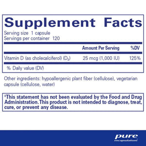 Vitamin D3 | 1,000 IU - 25 mcg - 120 & 250 Capsules Oral Supplements Pure Encapsulations 